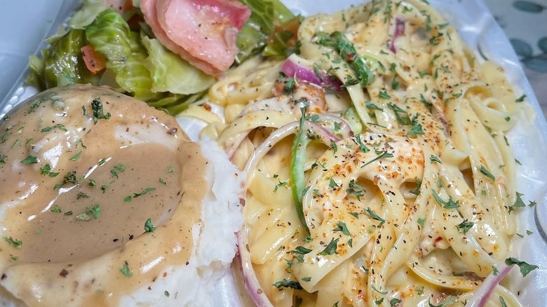Chicken spaghetti in container at Stormie Monday's in Fort Worth