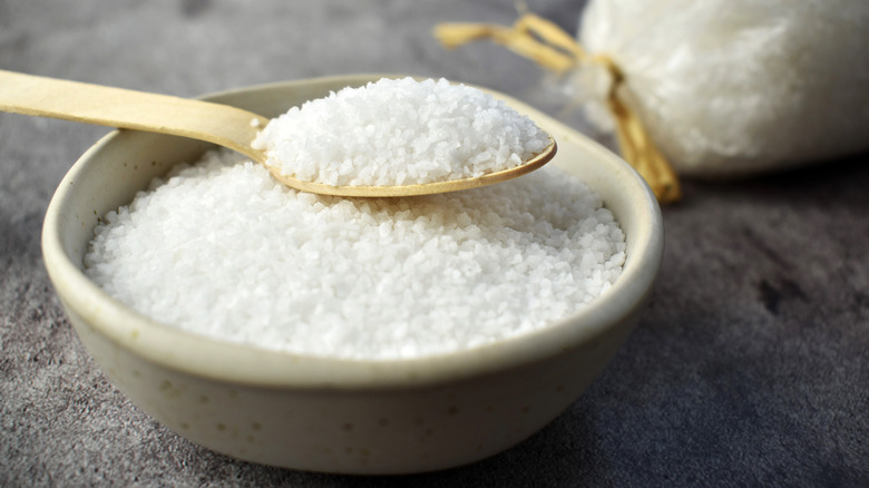 spoonful of salt rests on bowl of salt