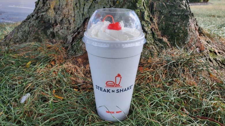 Steak 'n Shake chocolate milkshake sitting in grass