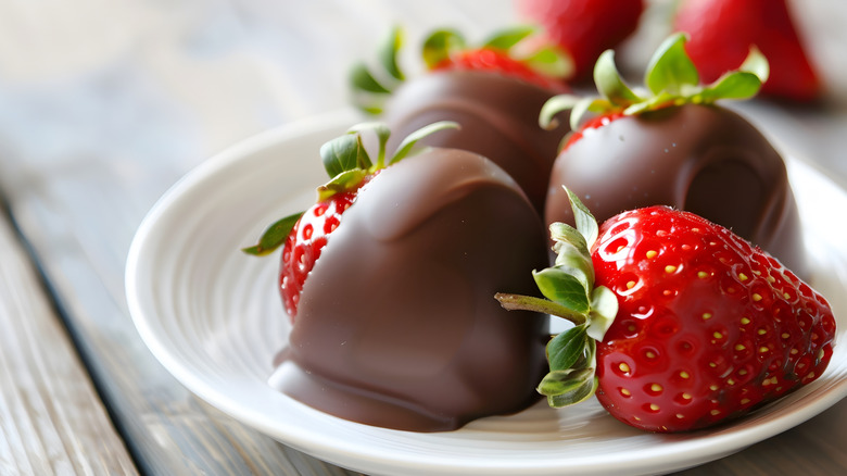 Chocolate-covered strawberries on a plate