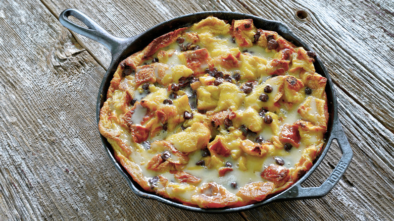 rustic bread pudding in a cast iron skillet