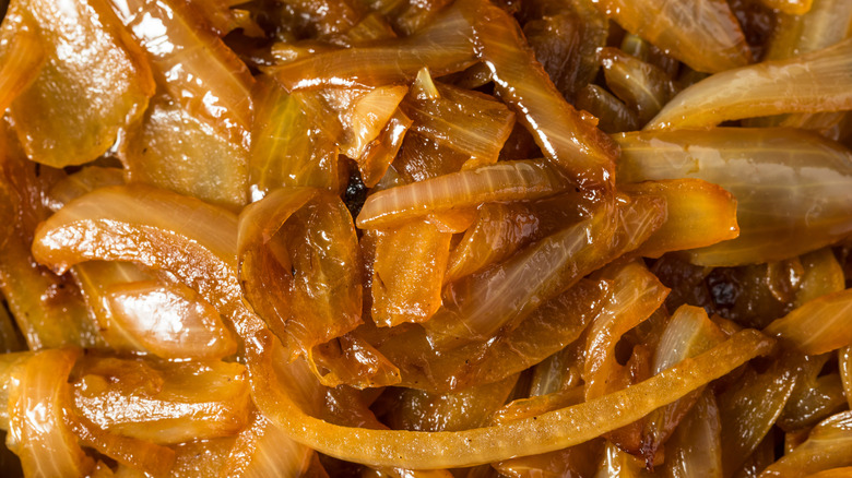 Close up of glistening caramelized onions