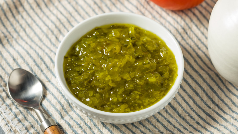 bowl of relish on a striped napkin