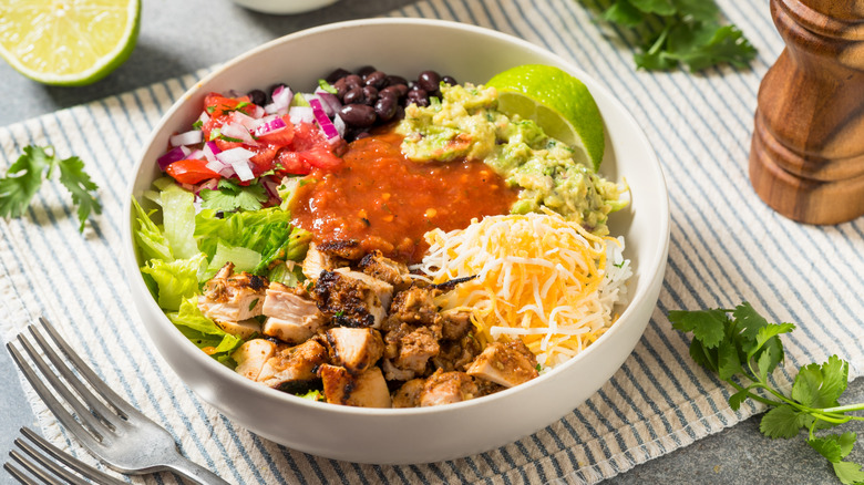 Bean burrito bowl with toppings