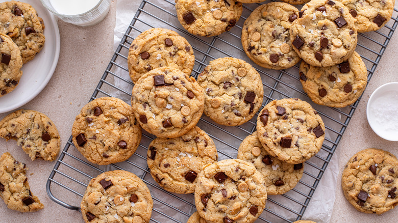 Chocolate chip cookies on a cooling rack