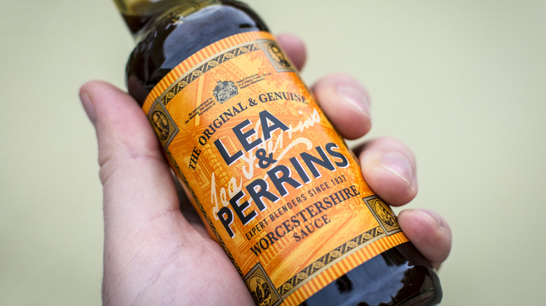 A hand holding a bottle of Lea & Perrins Worcestershire Sauce