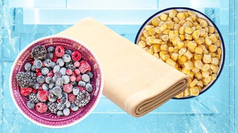 Images of mixed berries, puff pastry sheets, and a bowl of sweet corn on blue background