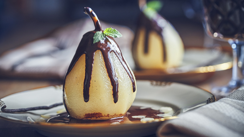 poached pears covered in chocolate