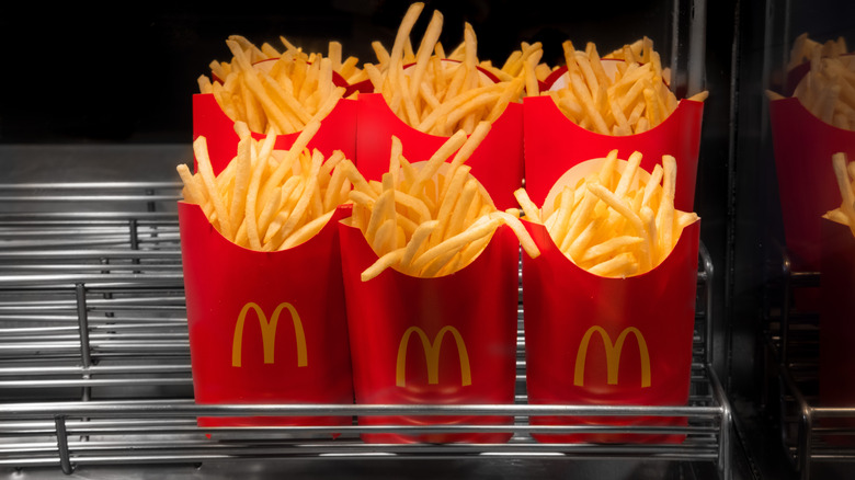 Rows of McDonald's french fries waiting to be served