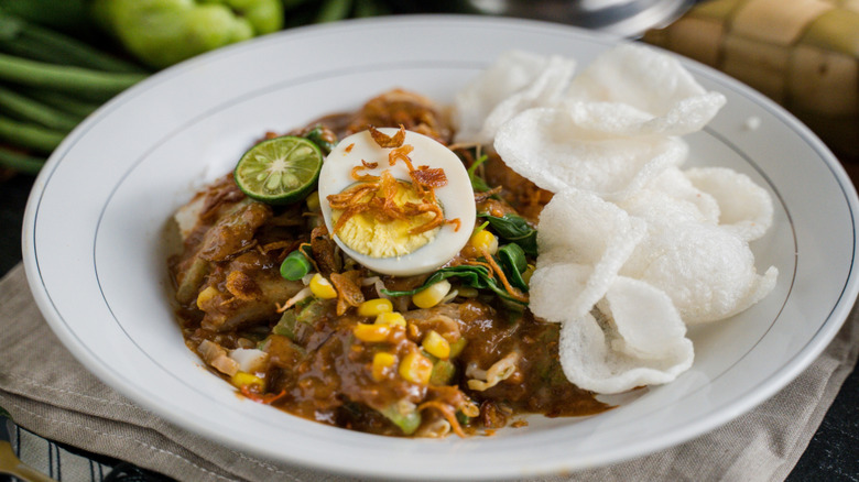 An aerial view of a plate of Indonesian gado gado