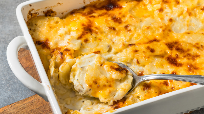 Delmonico potatoes in a casserole dish with a spoon