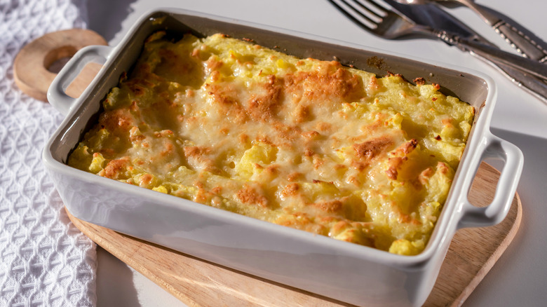 Pennsylvania Dutch potato filling in a casserole dish