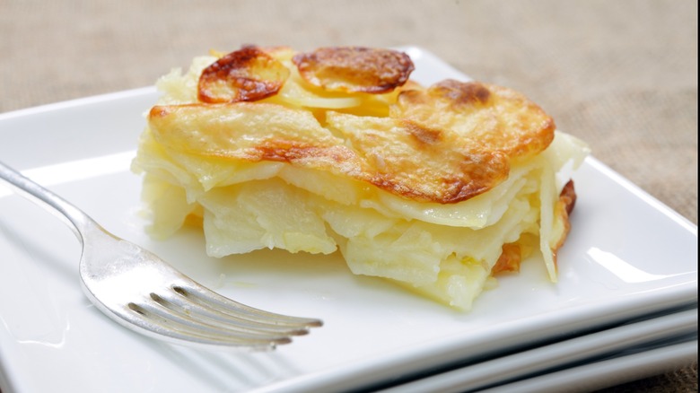 A slice of pommes Anna on a plate