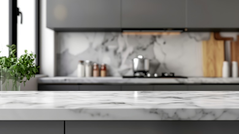 Closeup of white marble kitchen counter