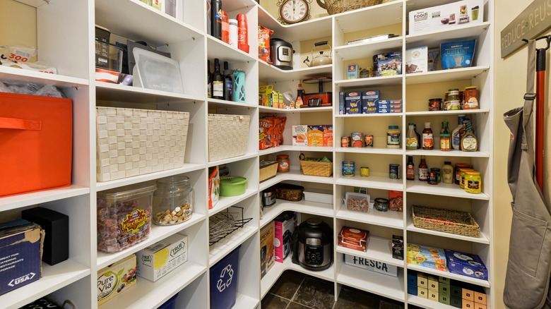 Large kitchen pantry with full shelves where you can see everything