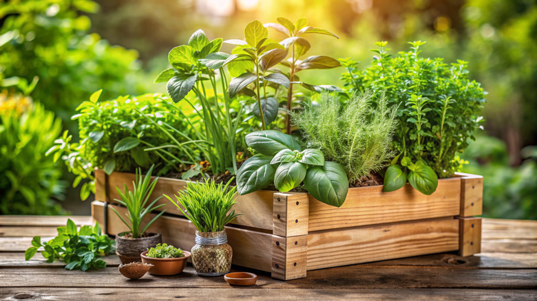 Backyard garden box with herbs
