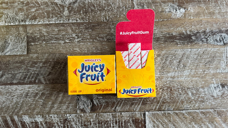 Juicy Fruit Gum pack on brown surface