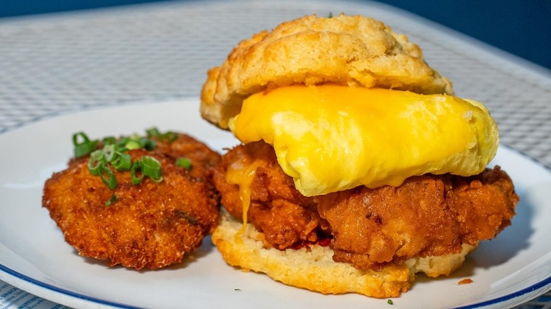 Chicken and egg sandwich on a biscuit