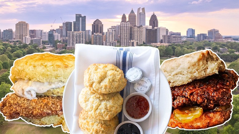 Biscuit sandwiches in front of the Atlanta skyline