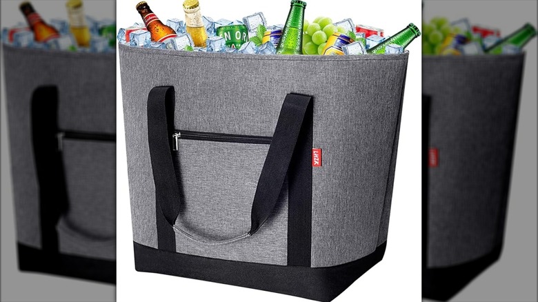 Lhzk bag with drinks on white surface