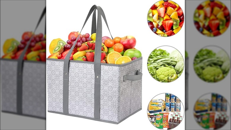Grocery bag with images of fruits, veggies, and snacks