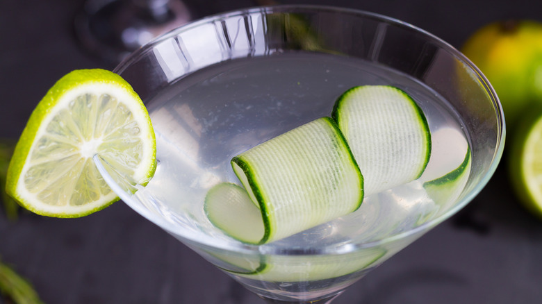 Martini with cucumber ribbon and lime wheel