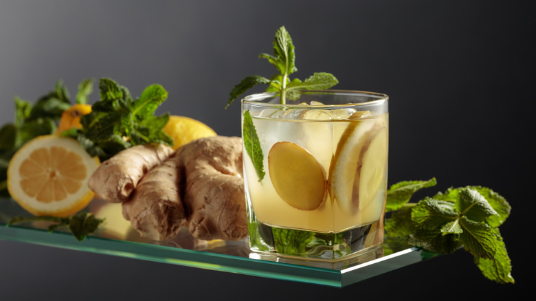 Ginger, lemon, and mint cocktail with fresh ingredients