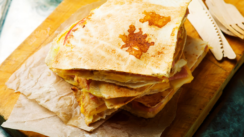 Ham and apple quesadillas on a plate