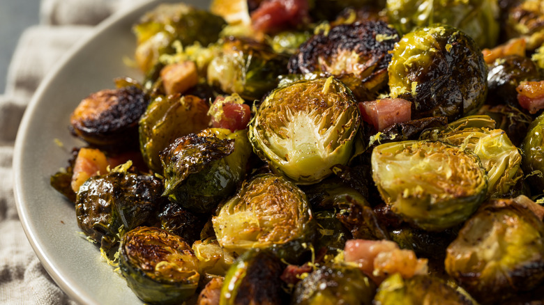 Roasted Brussels sprouts with pancetta on a plate