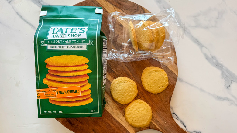 Tate's Lemon Cookies on round, wooden cutting board