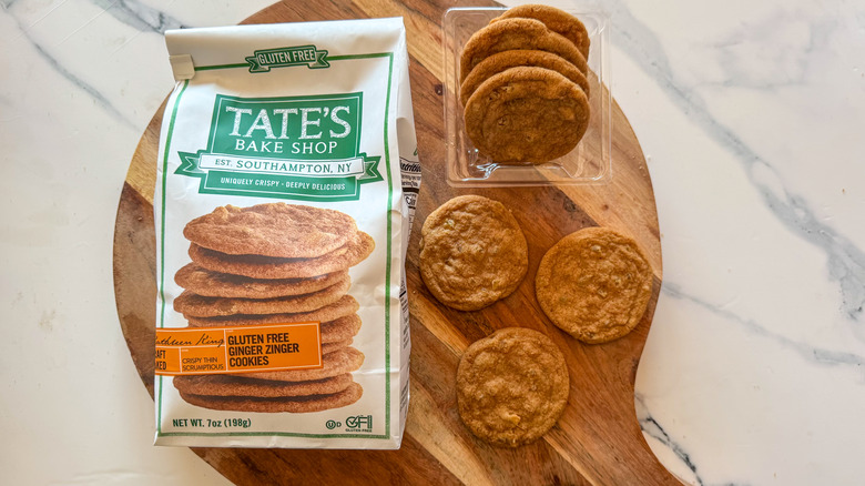 Tate's Gluten Free Ginger Zinger Cookies on round, wooden cutting board