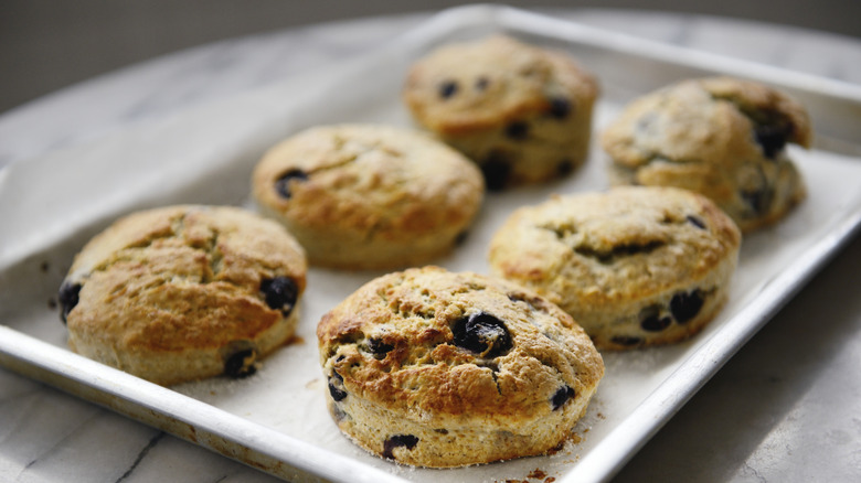 Scones with blueberries on a baking sheet