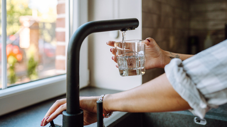 Woman turning on the filter on the kitchen tap