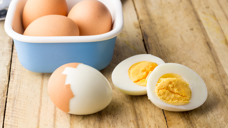Bowl of cut hard-boiled eggs
