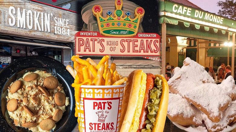 A variety of notable tourist restaurants with beignets, a hot dog, and fries