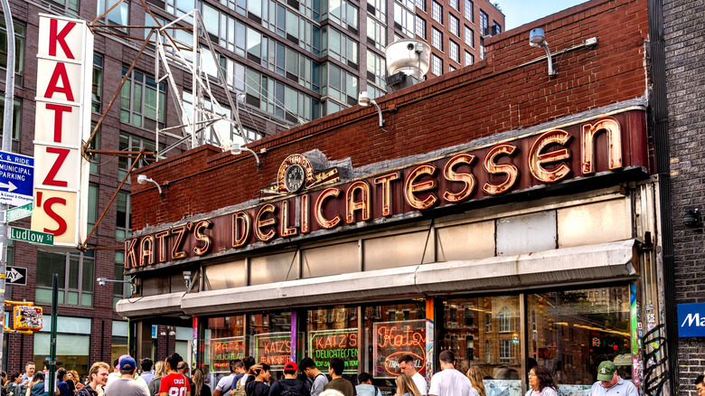 Customers line up outside Katz's Delicatessen