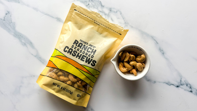 Ranch-seasoned cashews on marble surface