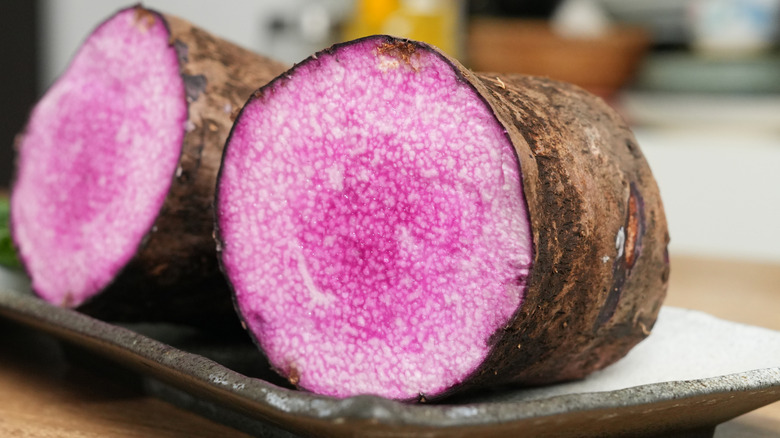 closeup of sliced ube with skin on