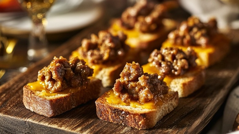 Several hanky panky appetizers on a wooden cutting board