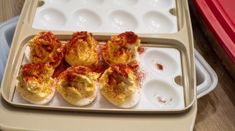 Deviled eggs in a carrying container