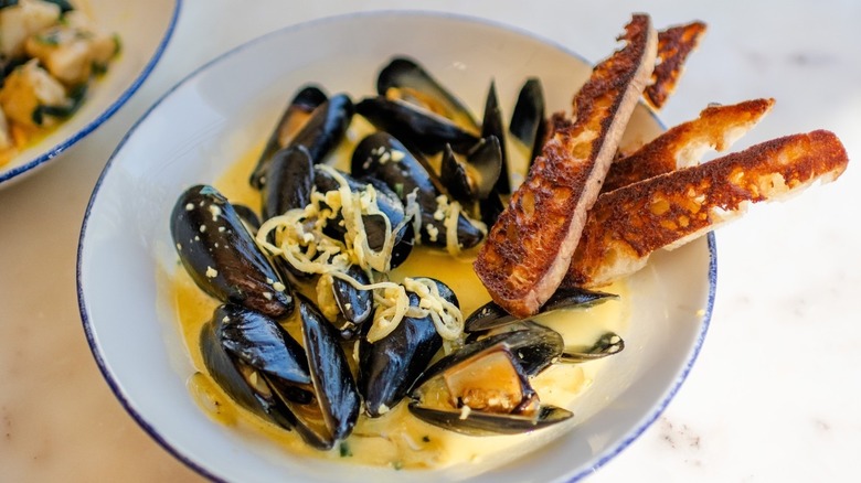 A bowl of saffron mussels at Otto's German Bistro