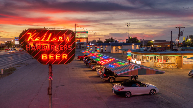 Arial shot of Keller's Drive-In at sunset