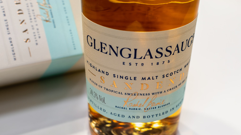 Close-up of the label on a bottle of Glenglassaugh Sandend