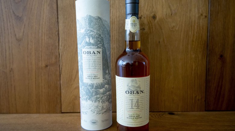 A bottle of Oban 14 Year with its packaging