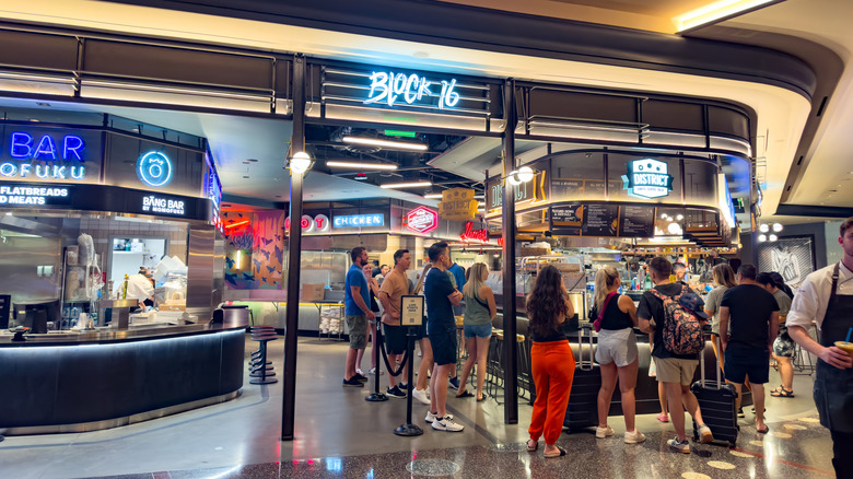 people queue up for a variety of different food at Block 16 food court, Las Vegas