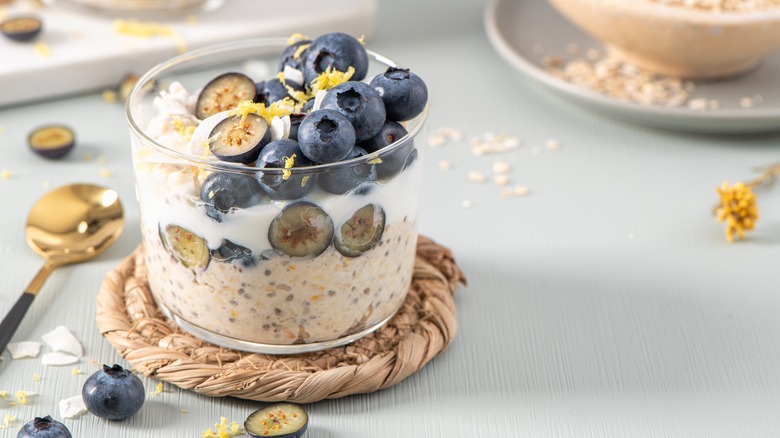 Lemon blueberry oatmeal in white glass