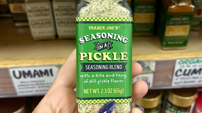 Hand holding pickle seasoning