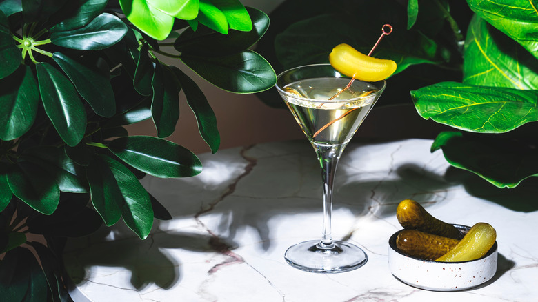 Pickle martini on countertop