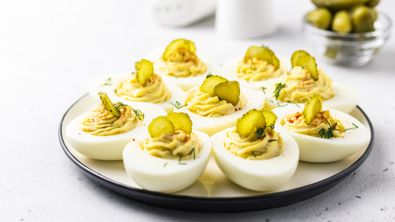 Plate of pickle deviled eggs