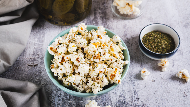 Bowl of pickle seasoned popcorn